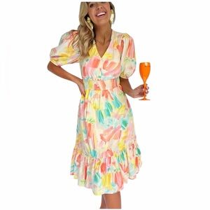 Pinch Watercolor Floral Midi Dress Women’s Large Puff Sleeve Smocked Cotton